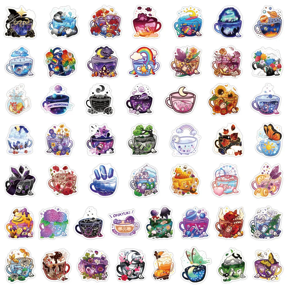 Pack of 50 colourful tea cup graffiti waterproof stickers for DIY luggage and scooter customisation.