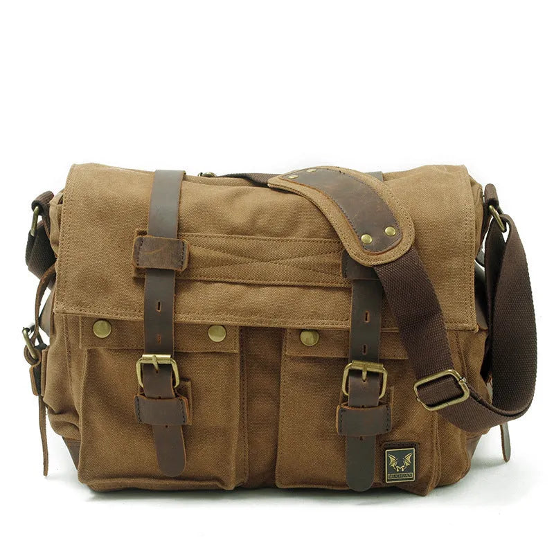 Men's retro-style canvas crossbody bag with cowhide trim in army green, showing flap closure and shoulder strap.