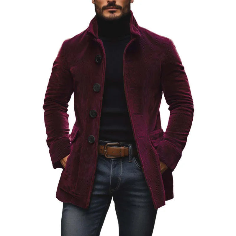 Men's corduroy blazer, slim fit stand collar, button front, solid colour, long sleeve, 50cm length