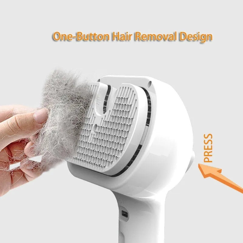 White self-cleaning pet comb with misting function and angled bristles on a light background