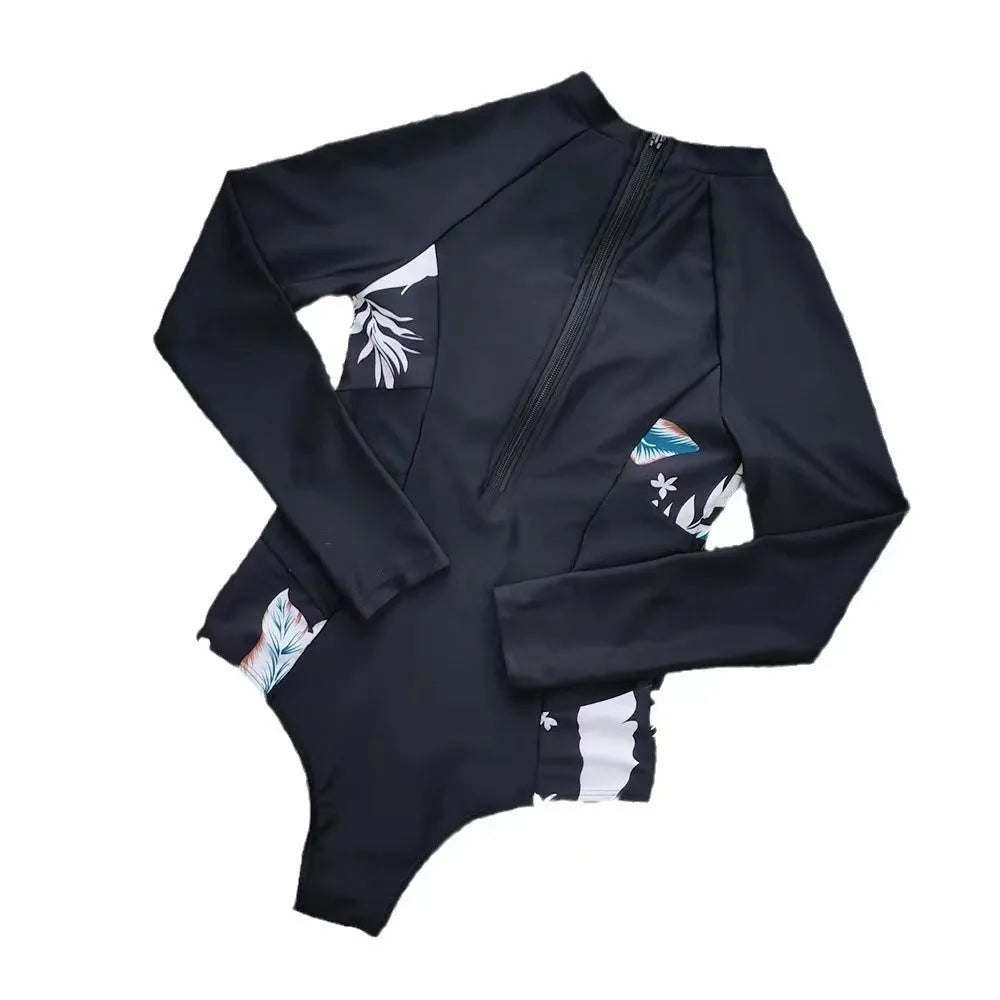 Black printed long-sleeved one-piece diving suit for women