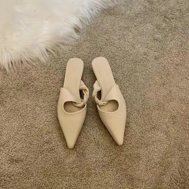 Women's leather-lined semi-toe box slippers with spring design and rubber sole in four colour options