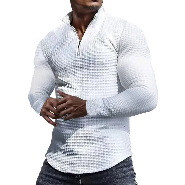 Men's stand collar half zip plaid sweater in polyester fibre, long sleeves, available in multiple colours