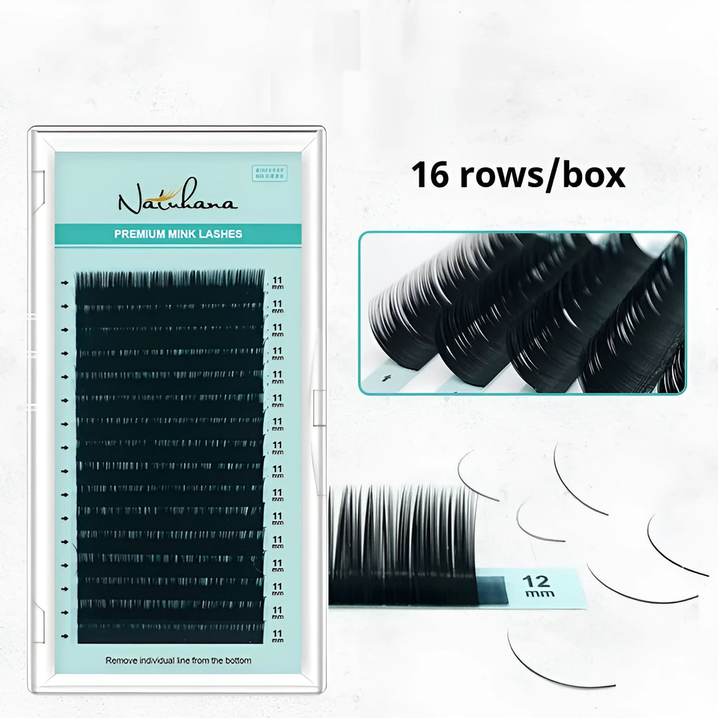 Close-up of artificial fibre false eyelashes with soft velvet finish, showing options from 0.05CC to 0.2CC.