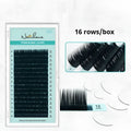 Close-up of artificial fibre false eyelashes with soft velvet finish, showing options from 0.05CC to 0.2CC.