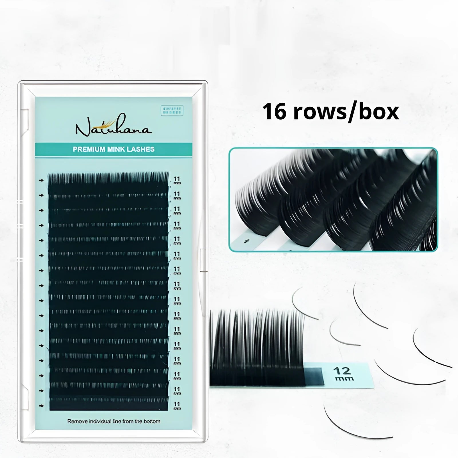 Close-up of artificial fibre false eyelashes with soft velvet finish, showing options from 0.05CC to 0.2CC.