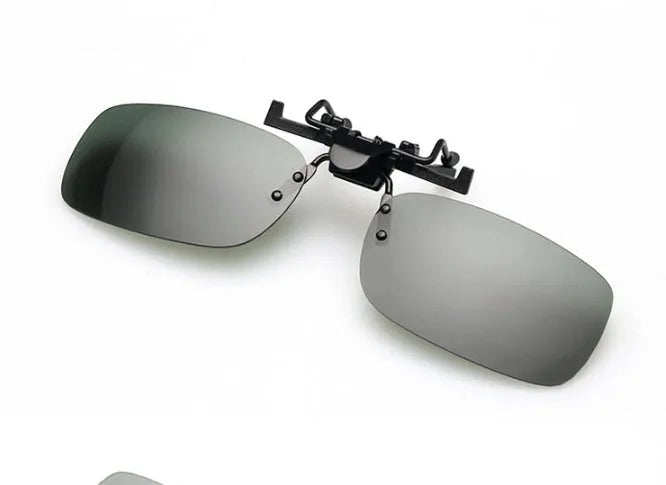 Clip-on myopia sunglasses for driving, showing grey, dark green and night vision tint options on large and small PC lens frames.