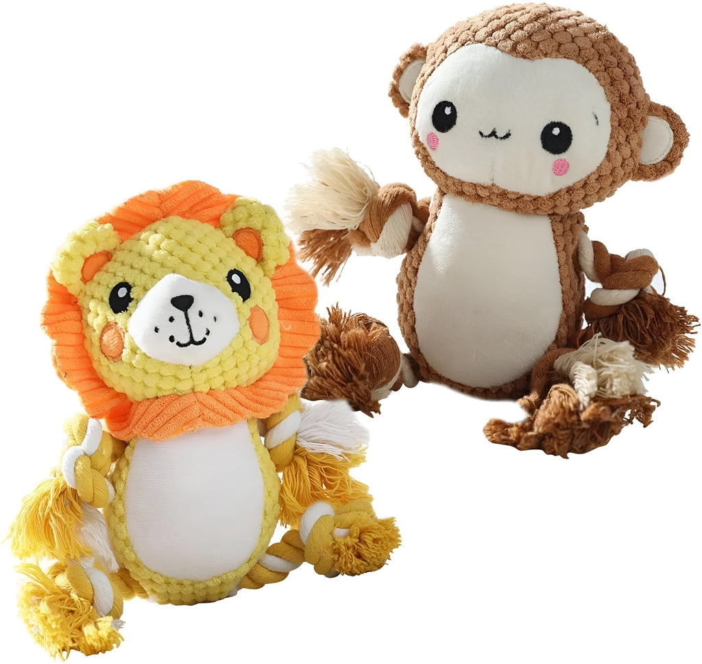 Two plush squeaky dog toys, a lion and a monkey, for medium and large dogs.