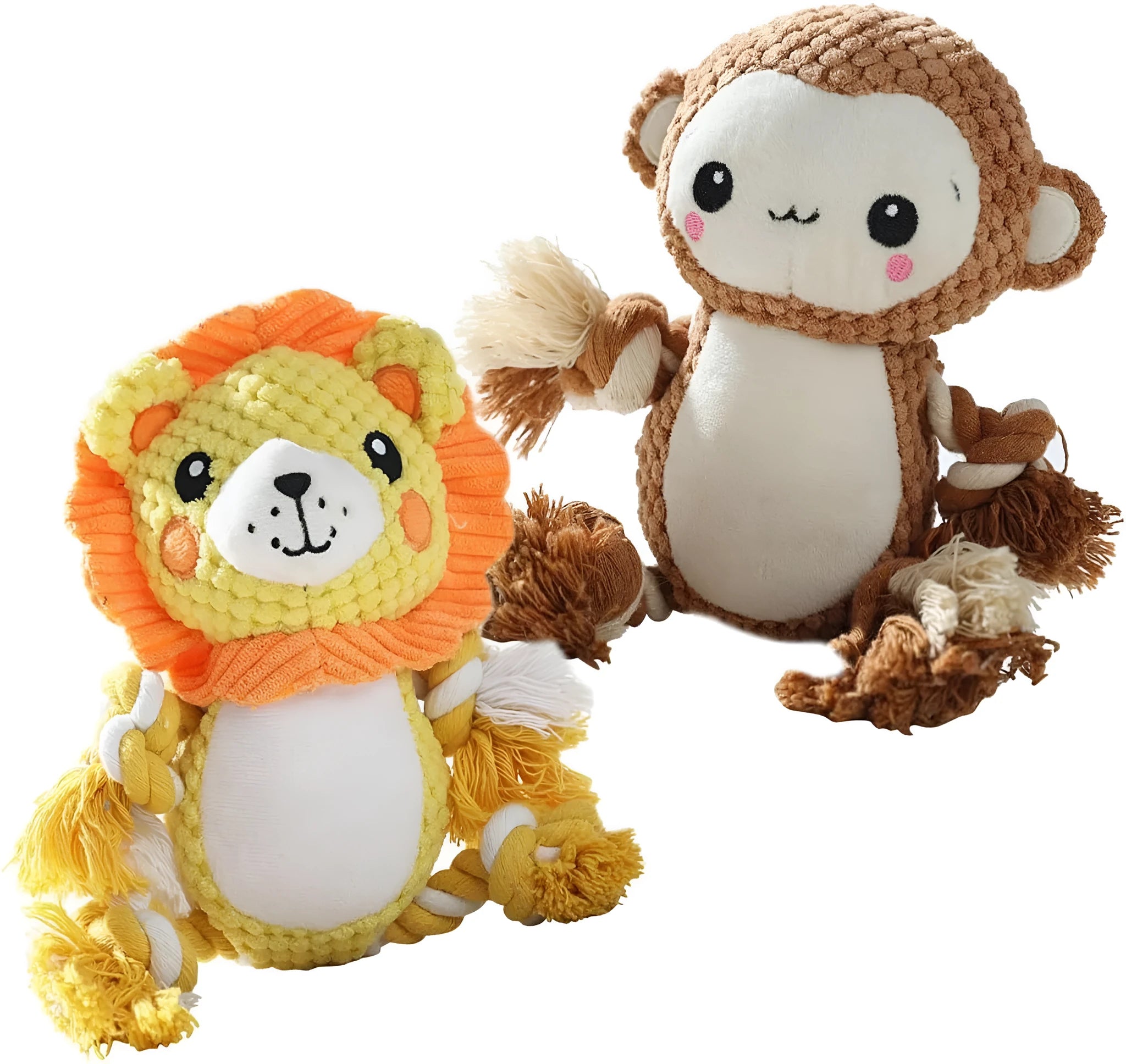 Two plush squeaky dog toys, a lion and a monkey, for medium and large dogs.