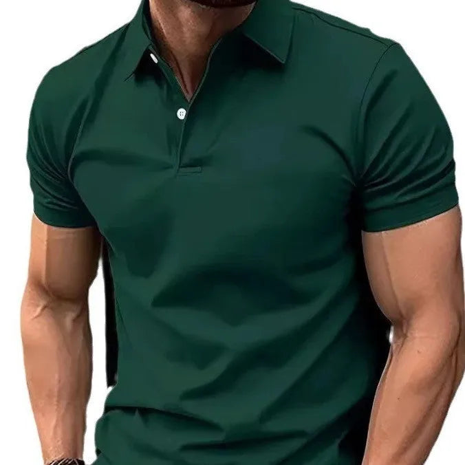 Men's solid colour short sleeve button-down shirt in slim fit on a hanger.