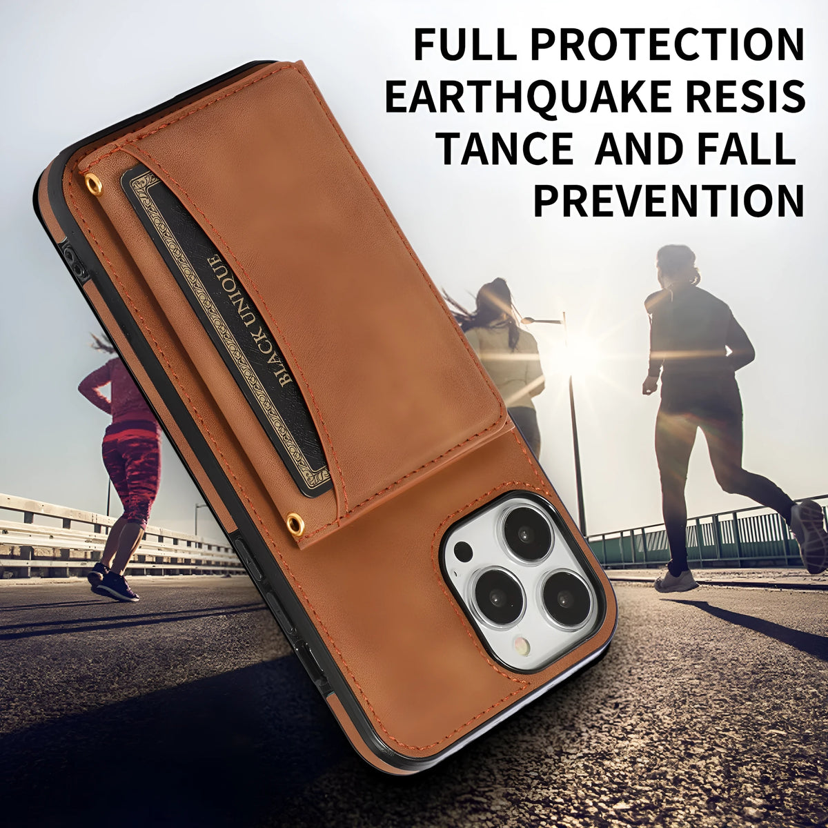 Tri-fold PU leather wallet iPhone case with card sleeve, shown in black, purple, retro red, blue and brown.