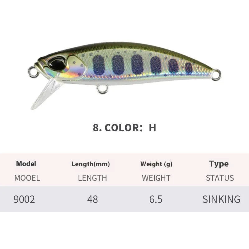 48mm mino fishing lure for snakehead and mandarin fish in various colours.