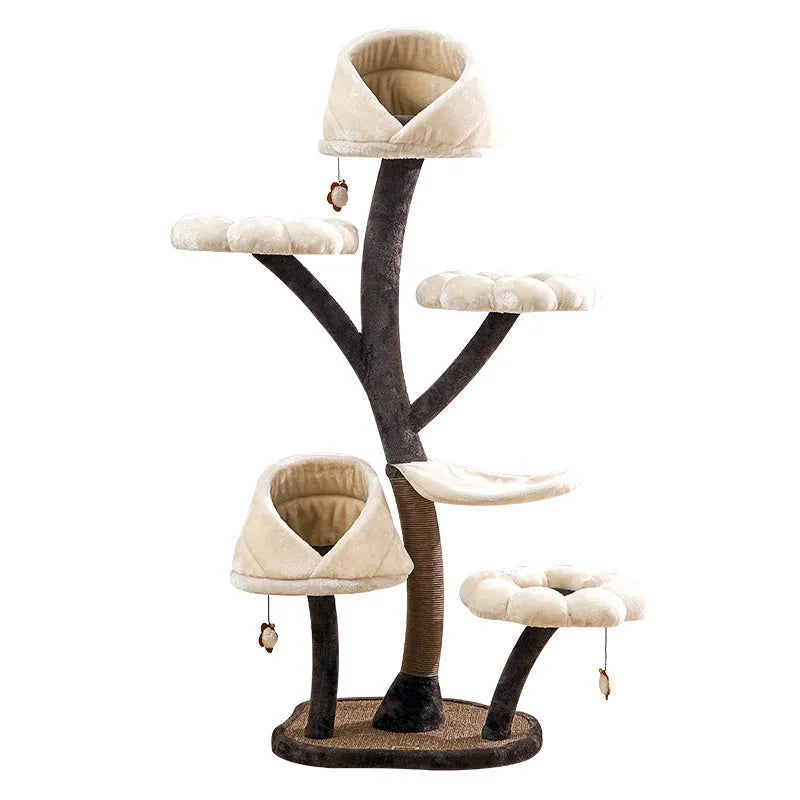 Beige flower-shaped cat climbing frame, 162cm tall, iron and plush, with integrated nest, platform and grasping board