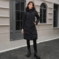 Black hooded slim fit cotton jacket with cold-resistant thickened construction and regular long sleeves