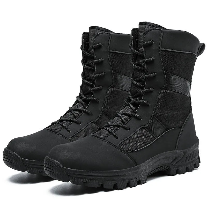 Men's black and camouflage high-top Martin boots with mesh upper and totem detailing