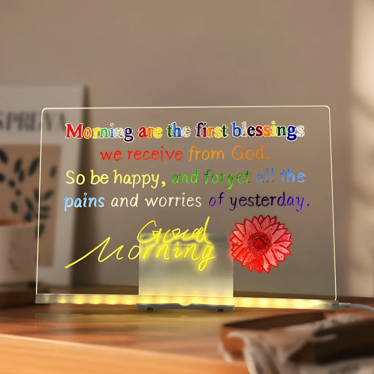 Reusable LED drawing board with transparent acrylic surface, adjustable stand, USB light, and pen in four sizes