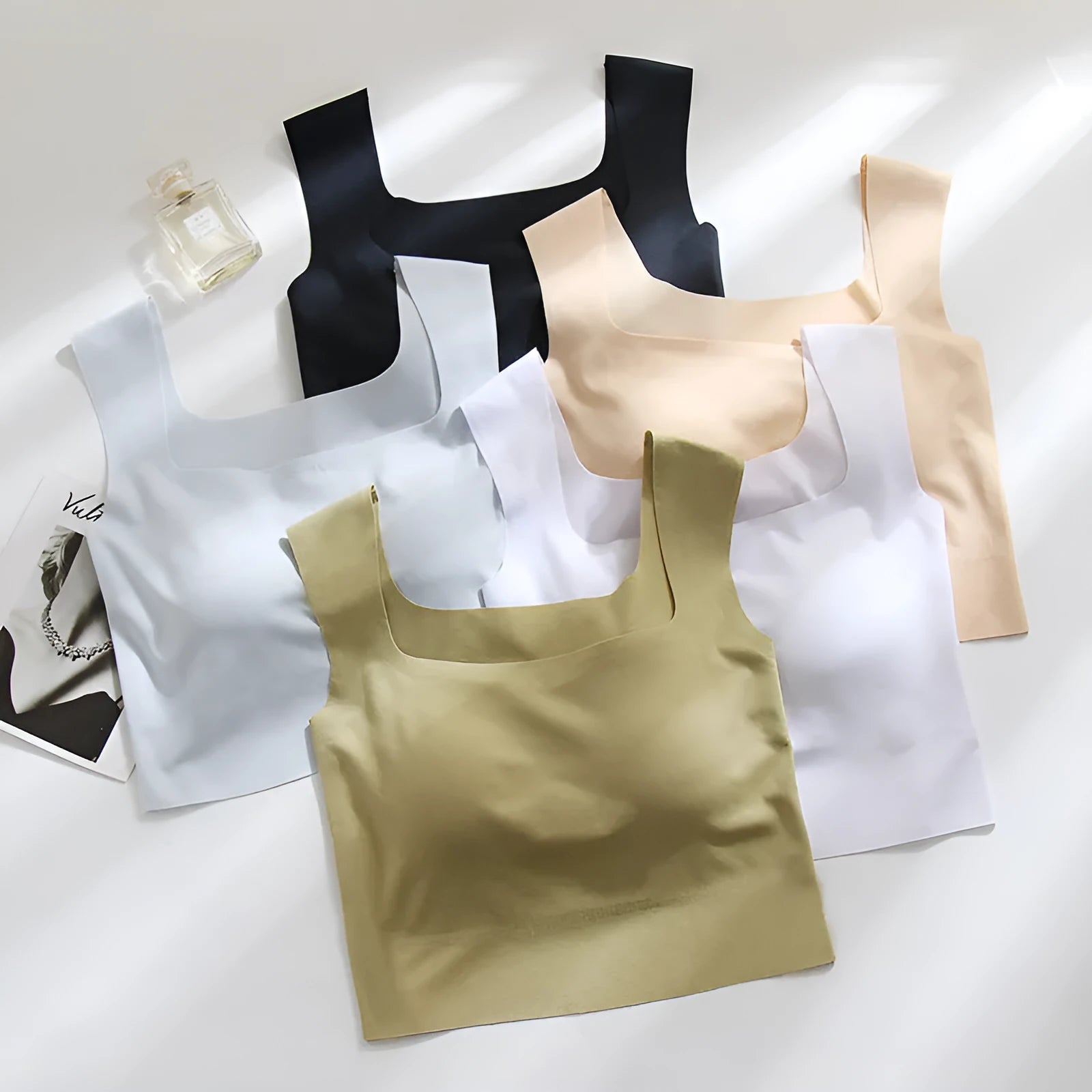 Seamless non-marking sling vest with thin mould chest pad in light blue colour