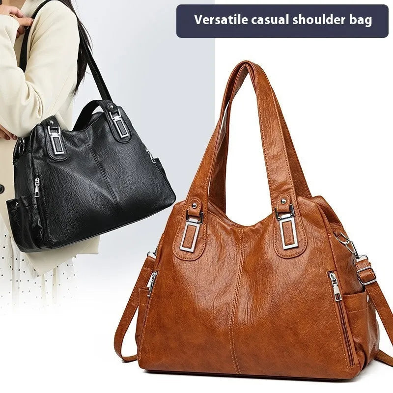 Women's soft PU tote bag with sandwich pocket, square vertical shape, in black, from 2024 European American style range.
