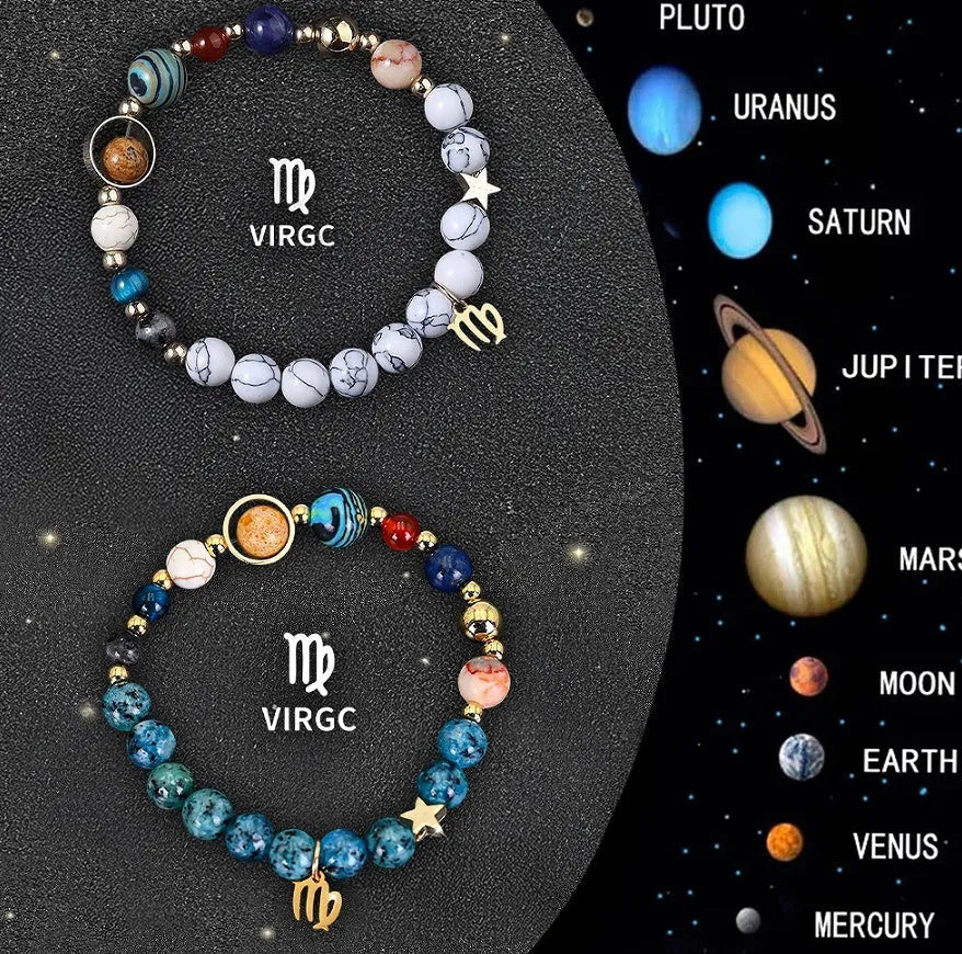 Two natural stone beaded bracelets with zodiac sign designs and adjustable string closures
