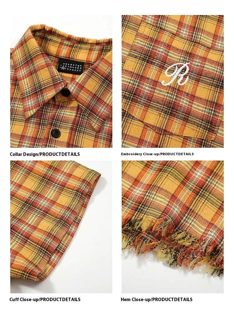 Yellow grid plaid shirt with American embroidery pocket detail on chest, short sleeves, loose fit