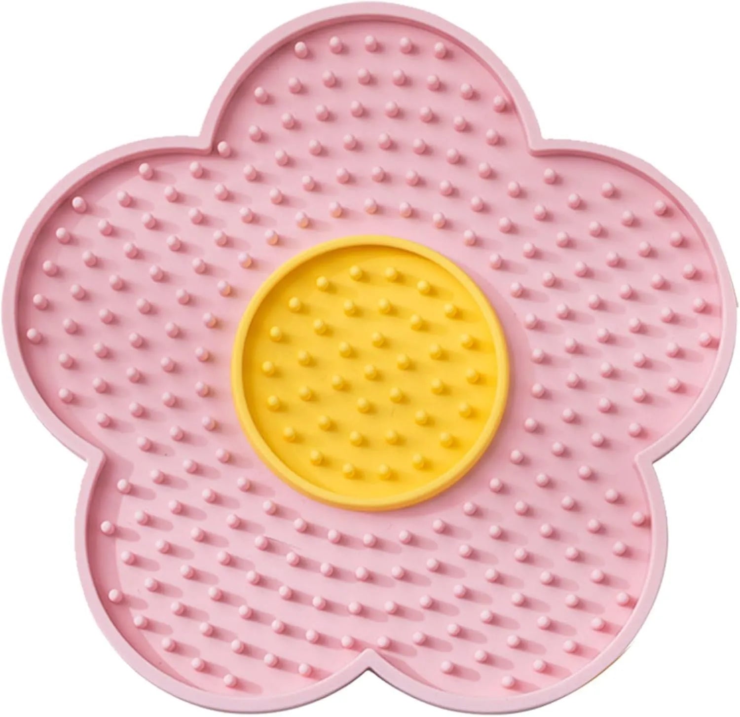 Flower-shaped silicone lick mat for dogs and cats with suction cups on a blue background.