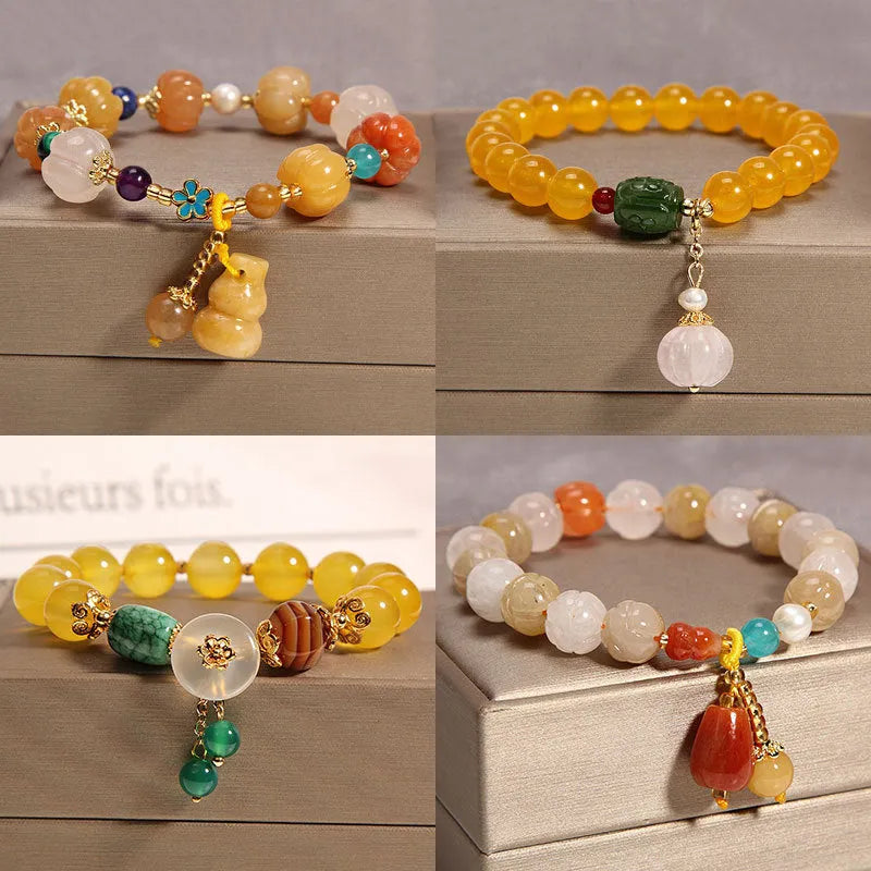 Women's yellow agate crystal bracelet on gold silk thread with Japanese Korean fashion style
