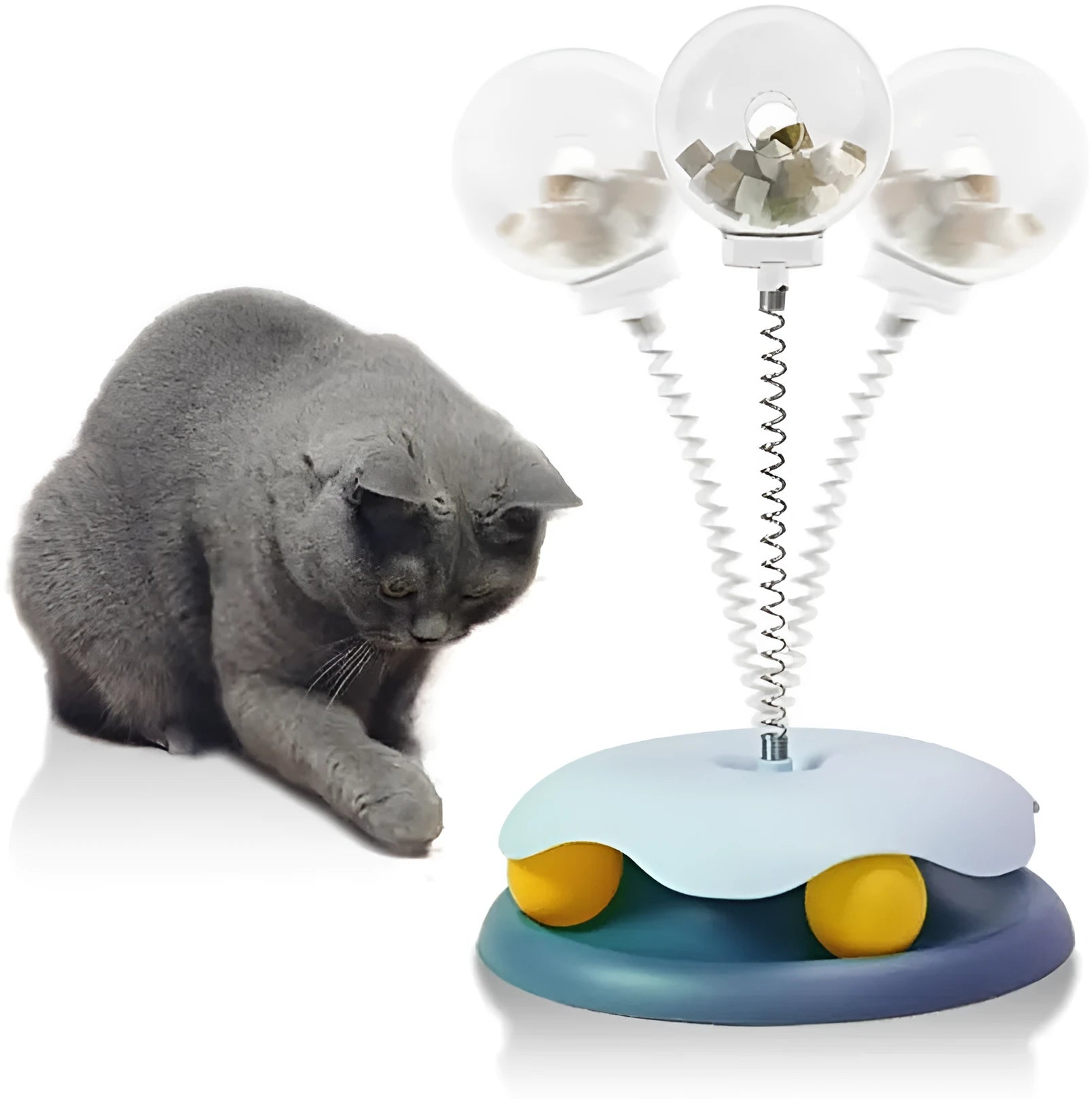 Blue and green non-toxic PP plastic cat treat dispenser toy with track ball, shown dismantled for cleaning