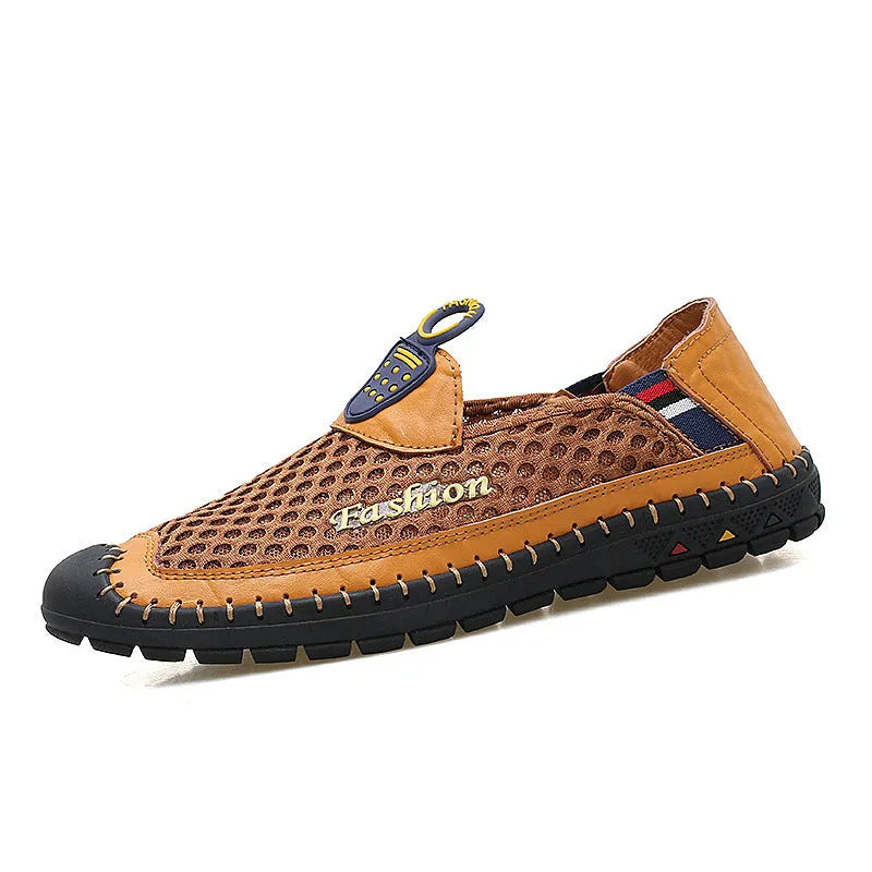 Men's brown casual shoes with mesh fabric upper and rubber sole