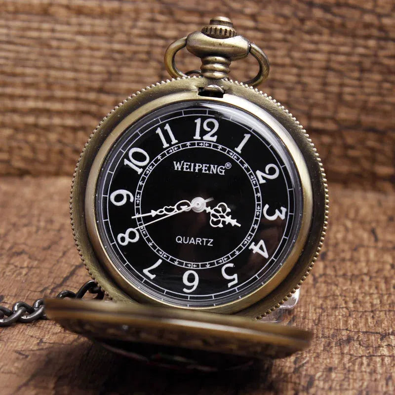 Classical retro plus-sized ceramic pocket watch with bronze skull design and chain