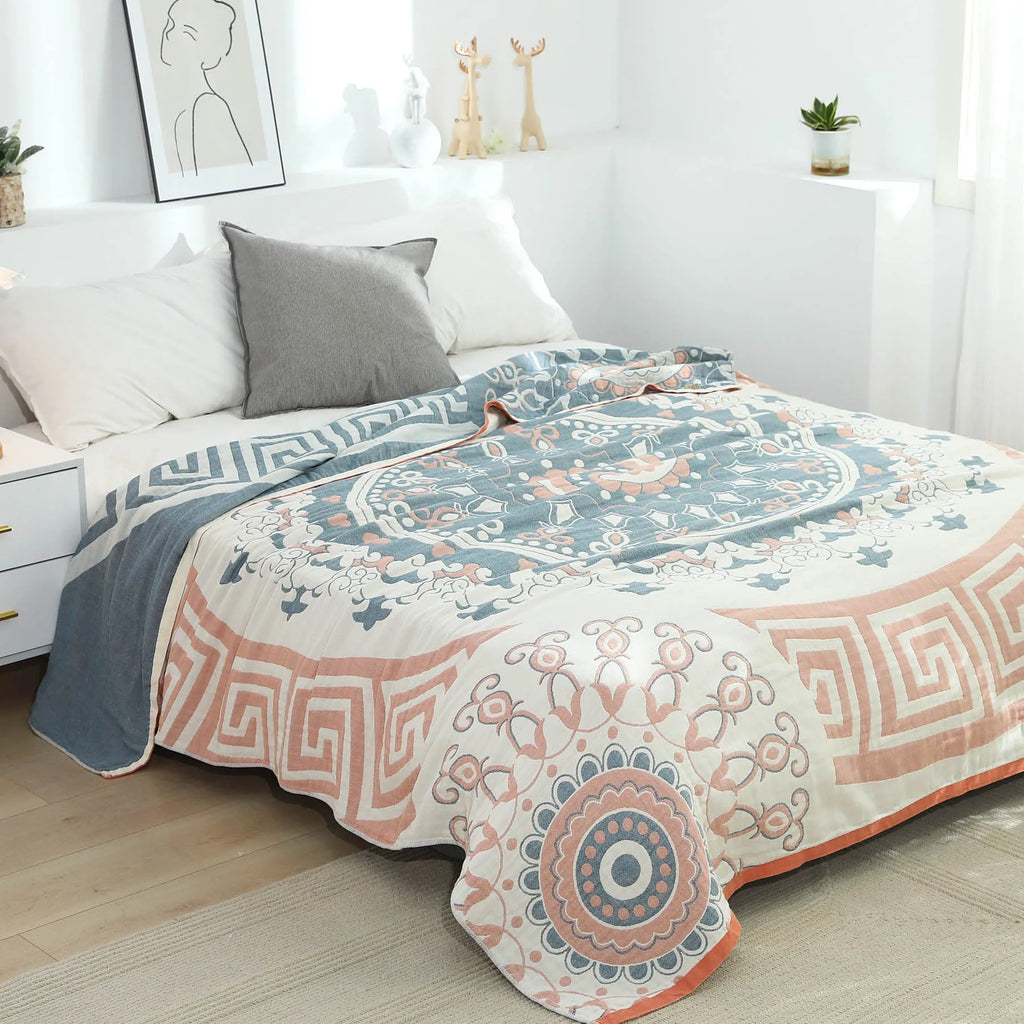 Pure cotton washed five layers towel blanket with floral pattern in blue, two sizes available