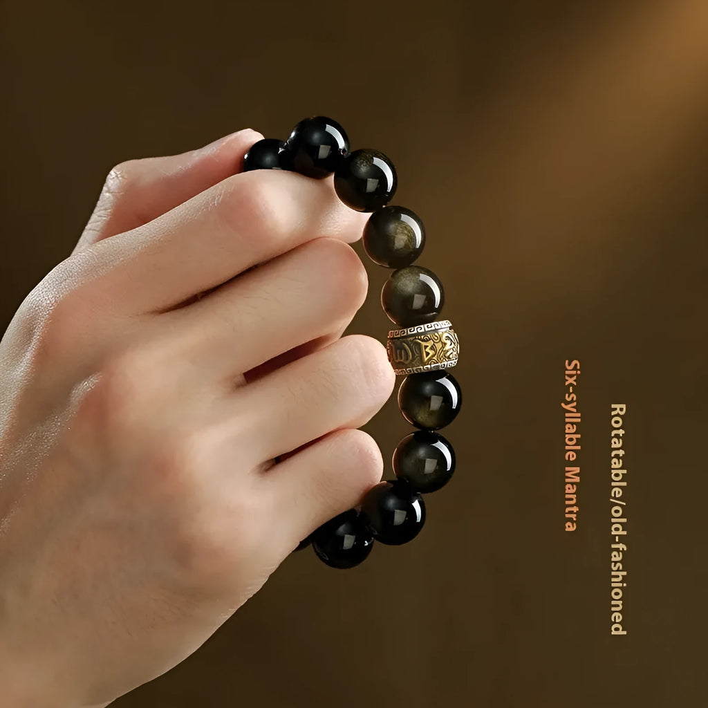 Cinnabar beads bracelet with hand-carved gold animal zodiac charms in cartoon retro style