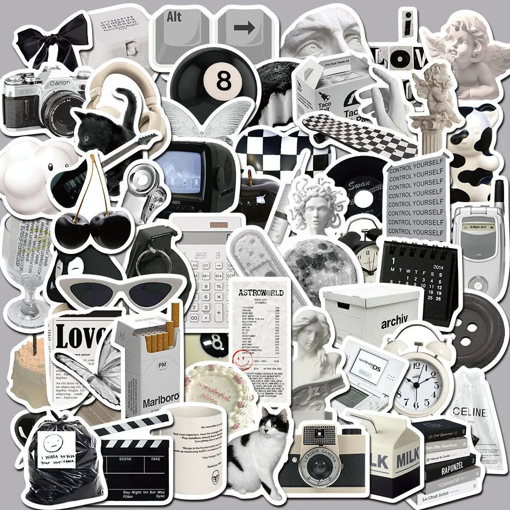61 black and white coffee and tea themed PVC vinyl stickers for decoration.