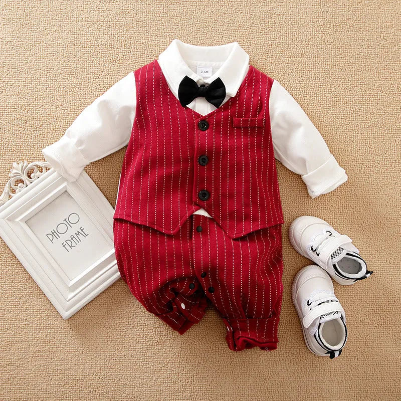 Wine red cotton baby boy romper one-piece suit with long sleeves and single-breasted closure