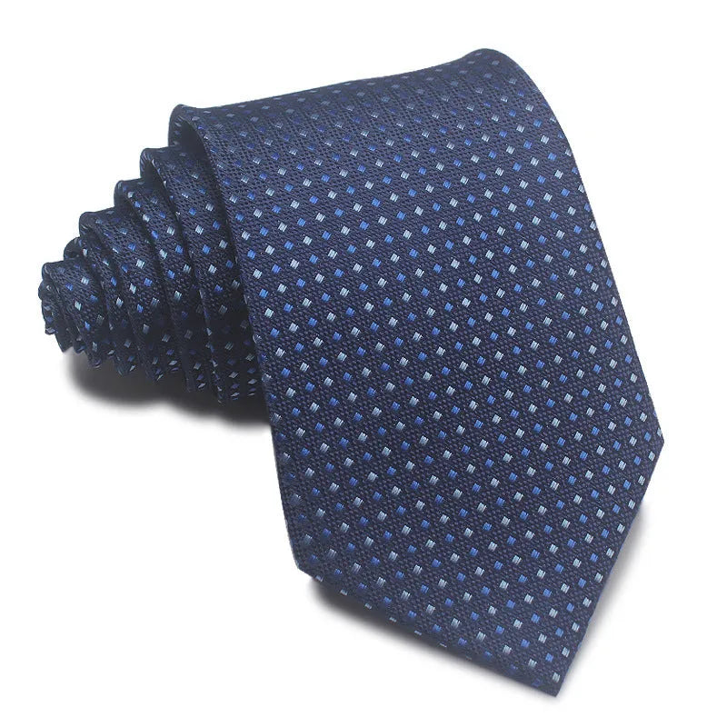 Men's striped jacquard business tie in red, showing arrow head shape and 8cm width.
