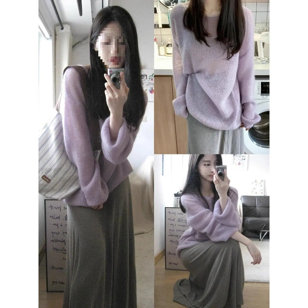 Purple ice silk women's blouse with round neck, princess sleeves, and a hollow-out design