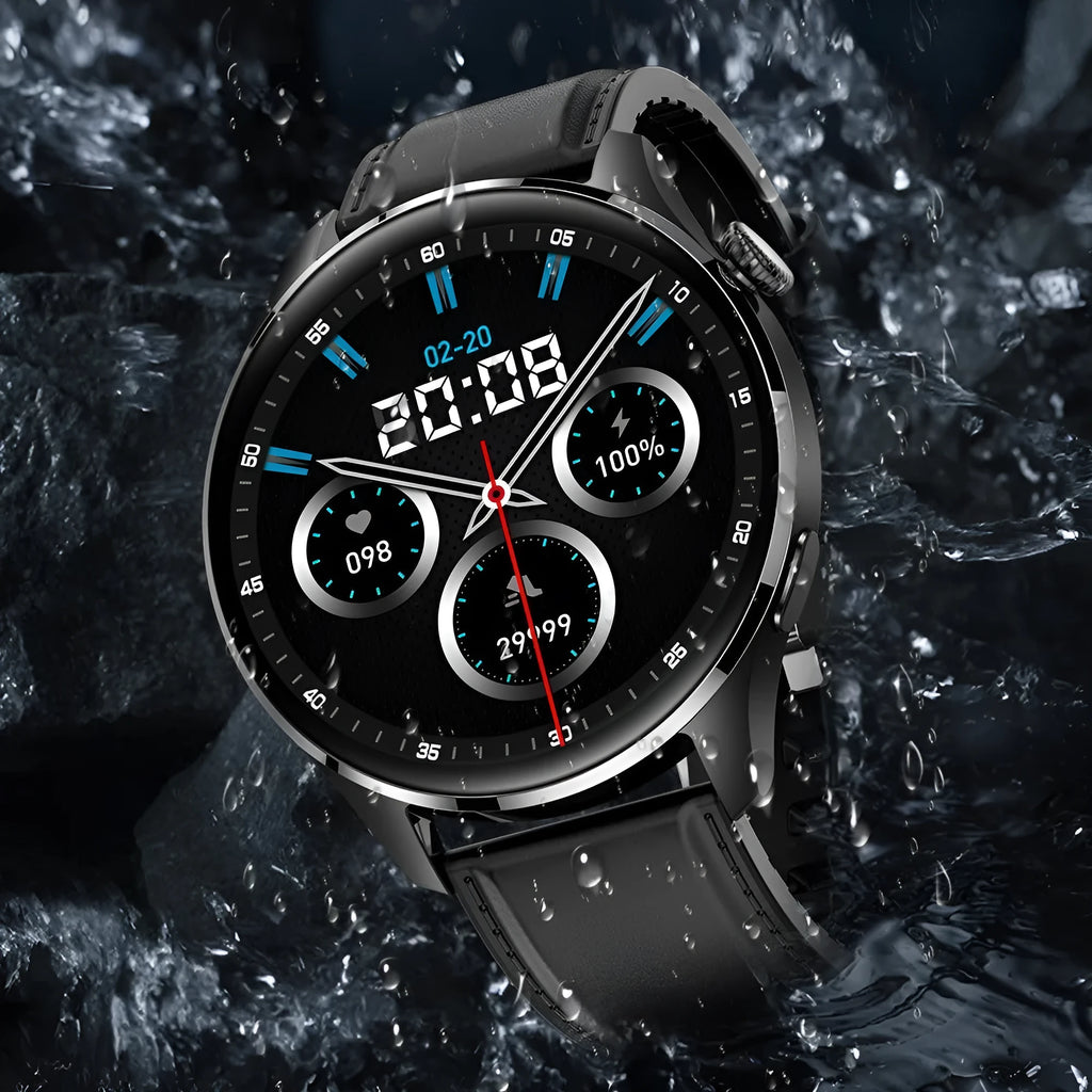 A smartwatch with a round colour screen on a black silicone strap, showing a call interface.