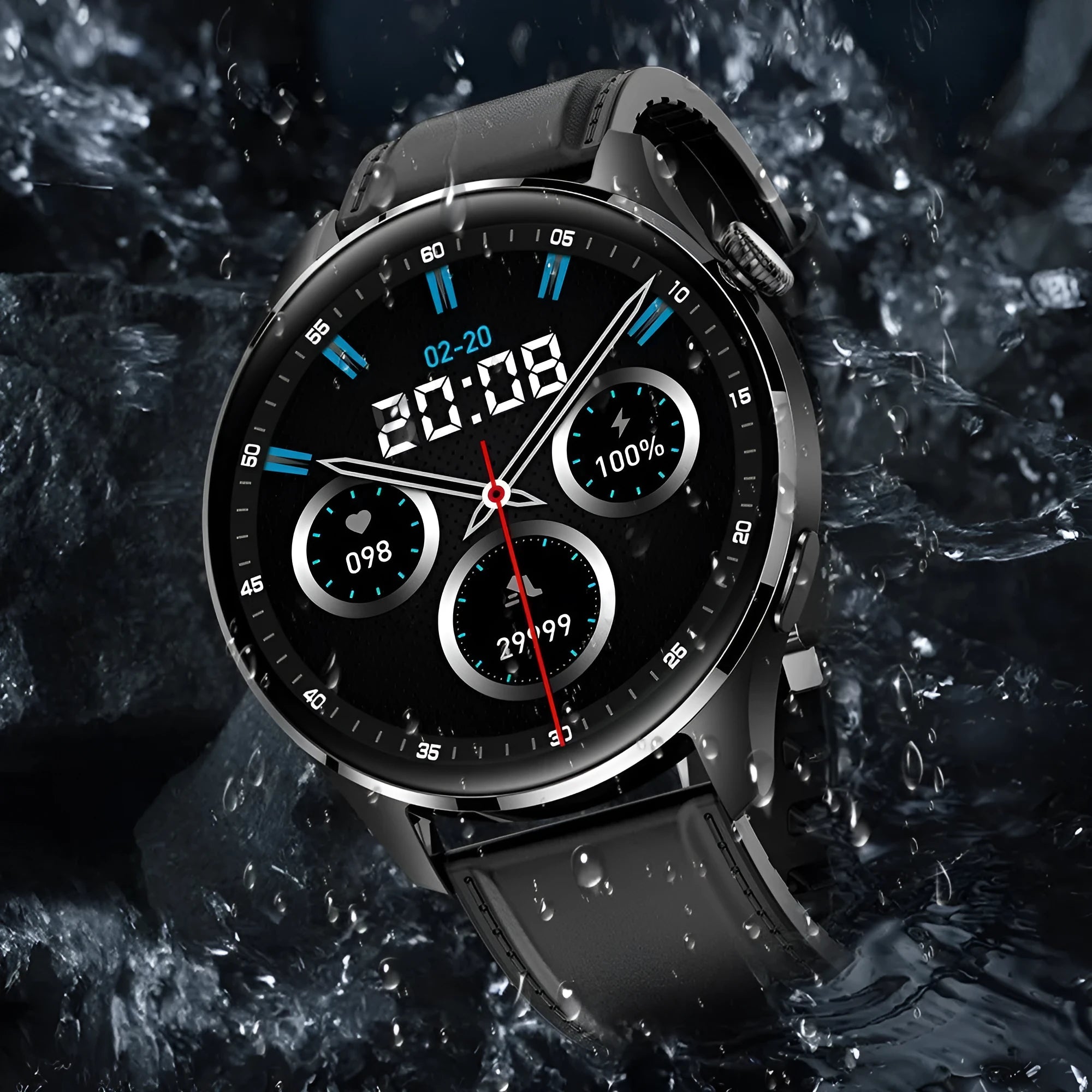 A smartwatch with a round colour screen on a black silicone strap, showing a call interface.