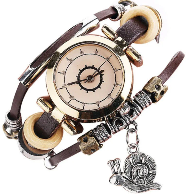 Women's vintage bracelet watch with coiling leather strap and snail pendant in Mori style