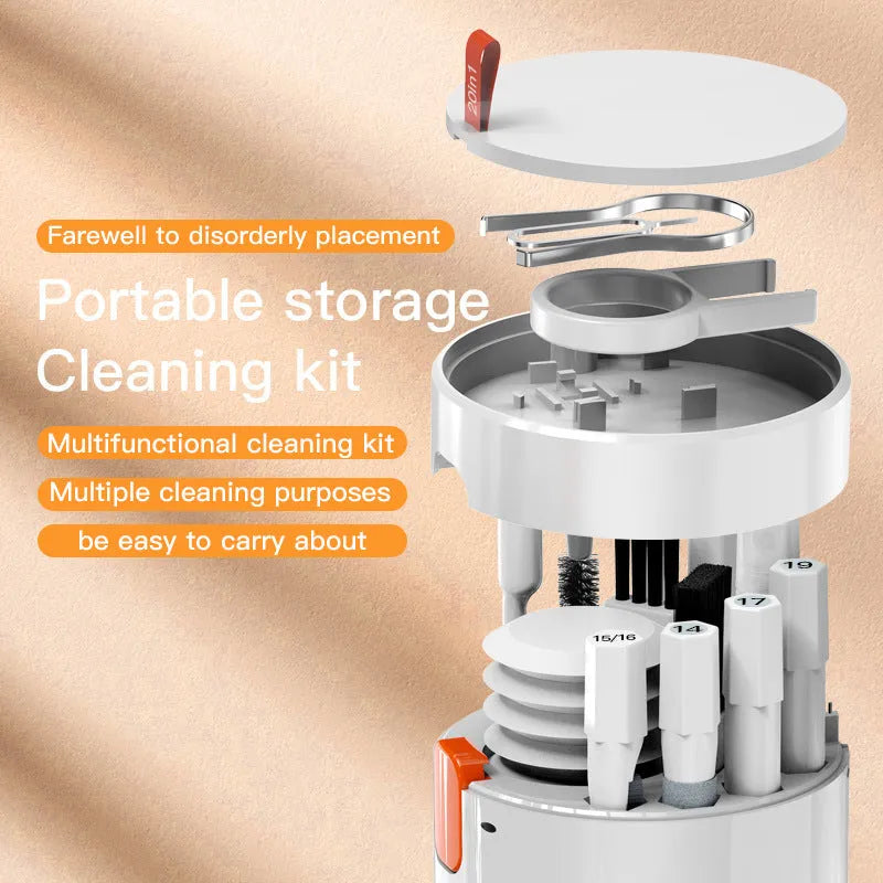 20 in 1 electronic cleaning kit with ABS tools in cylindrical black holder on white background