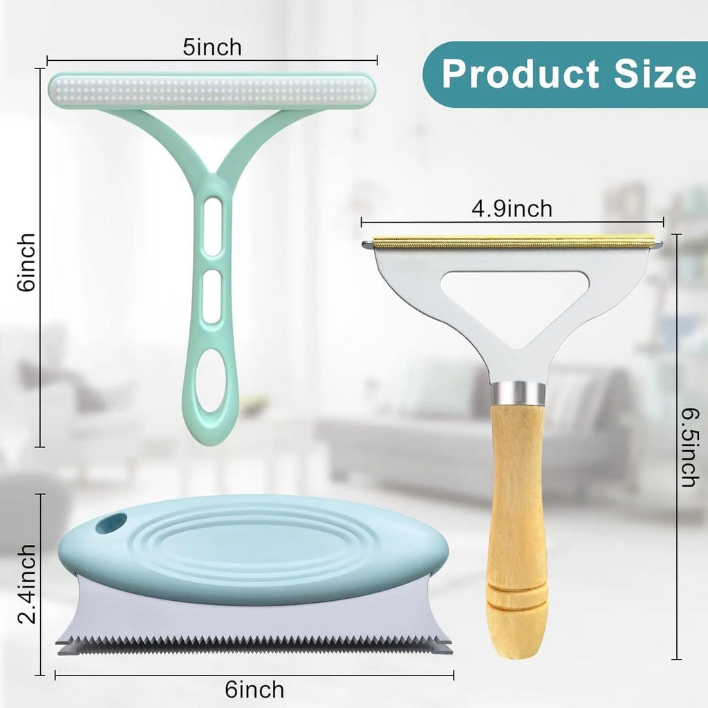 Three-piece pet hair remover set with metal, silicone, and round cleaning tools on a wooden table.