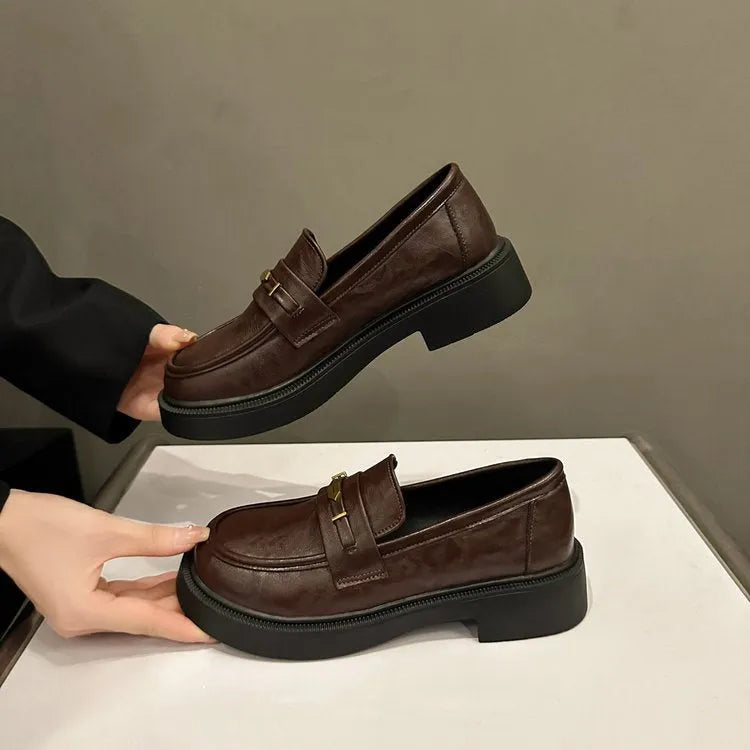 All-match metal commuter soft bottom soft surface small leather shoes for women - microfiber round toe flat heel, black or brown