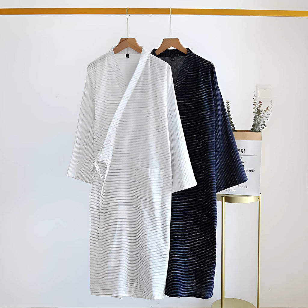 Cyan cotton jacquard gauze kimono bathrobe with 3/4 sleeves on a model
