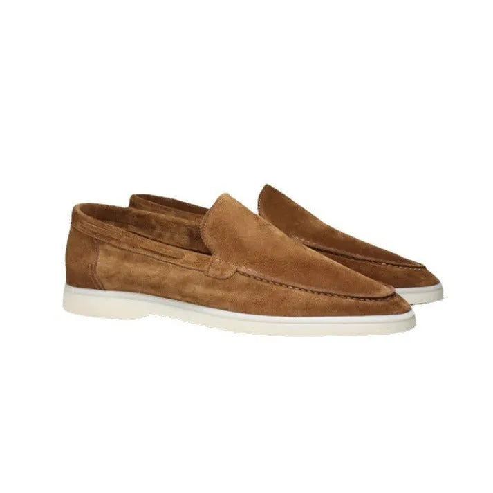 Men's matte suede flat shoes in sky blue with rubber sole and round toe