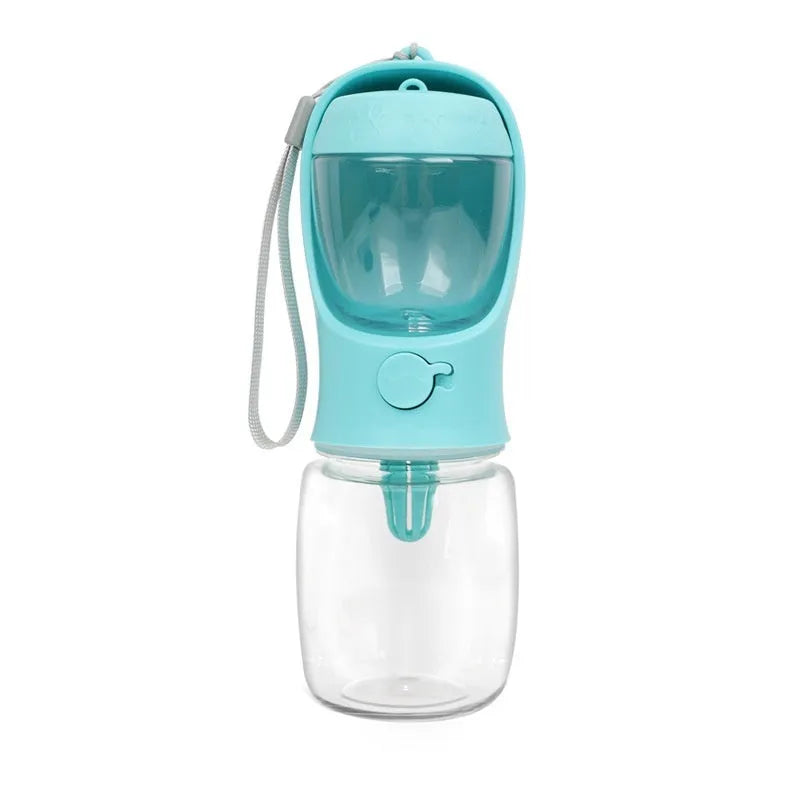 Blue portable dog water bottle with dual drinking and grain compartments