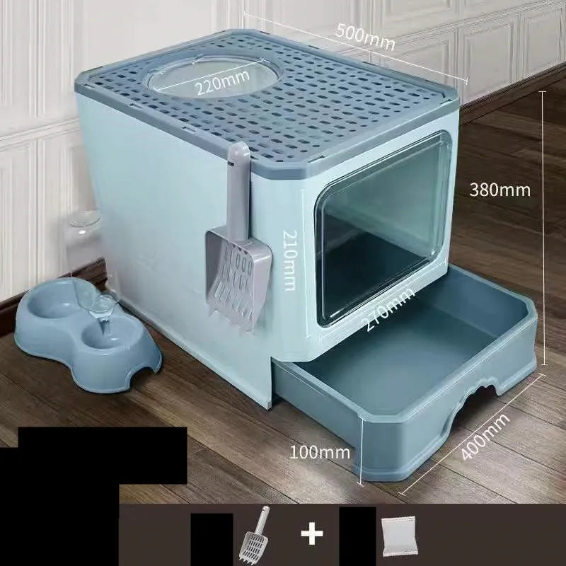 Large double door drawer foldable cat litter basin in PP, 50x38x39cm, grey colour with cat shovel