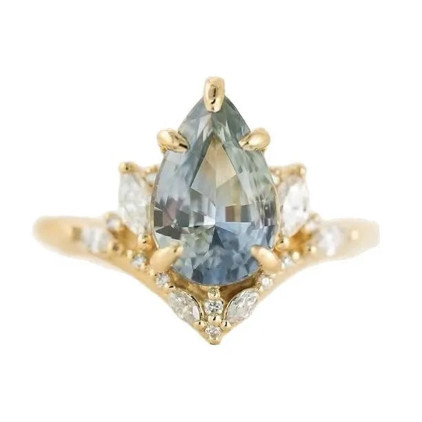 Gold-tone alloy floral ring with blue aquamarine-coloured crystal and diamond inlay for women