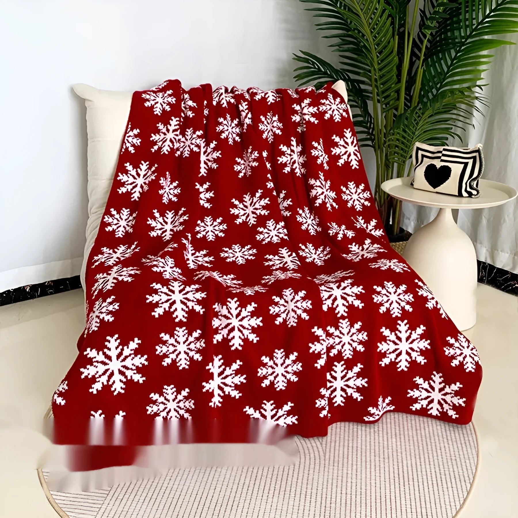 Personalised acrylic Christmas blanket with snowflake or reindeer print in two size options.