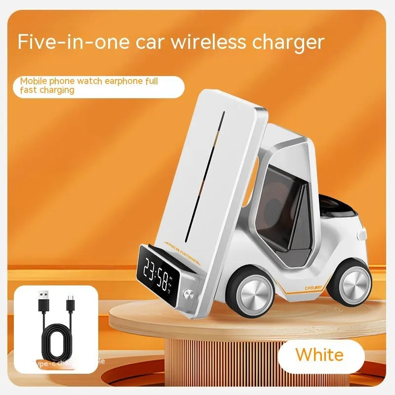 Grey 3-in-1 wireless charging stand holding a phone, smartwatch, and earbuds case at an angle.
