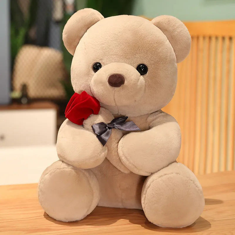 Soft plush rose bear teddy doll in beige, brown, or grey, shown in multiple size options.