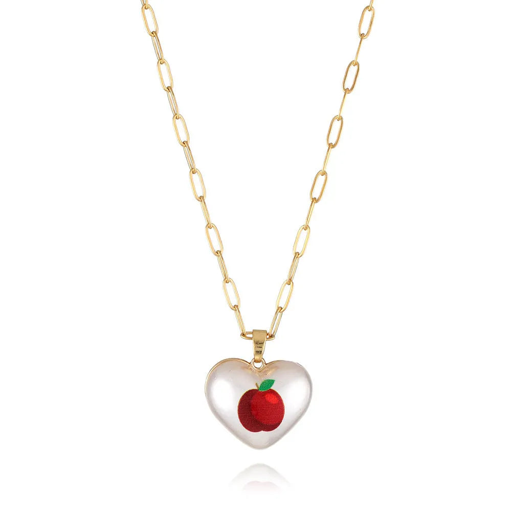 Adjustable necklace with heart charm and fruit pendant on 21-50cm chain